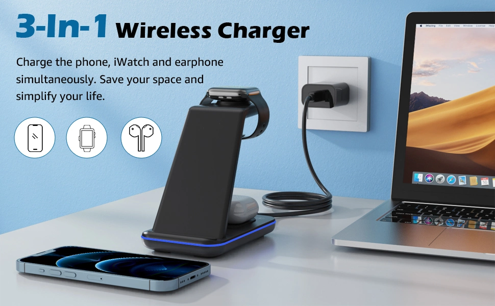 Factory Price 15W Qi-Certified Smart Phone Earphones Tws Smart Watch Charger 3 in 1 Wireless Fast Charger
