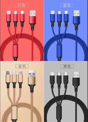 1.2m 2.4A Fast Charge Charging Charger USB a to 3 in 1 Lightning Micro V8 Android Type C Charging Cables Woven Nylon TPU Standard Copper 4 Cores Cable